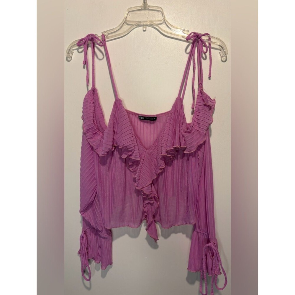Zara Purple Pleated Ruffle Sheer Sleeves Ties Top Dainty Fairy Chic L